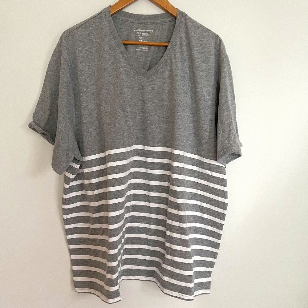 Warehouse One Woman Gray White Stripes V Neck Short Sleeve T Shirt Plus Size 3X